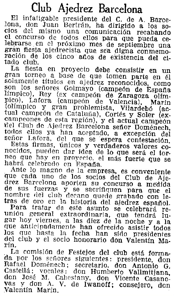 Torneo de Ajedrez Barcelona 1926, recorte de La Vanguardia, 23/7/1926