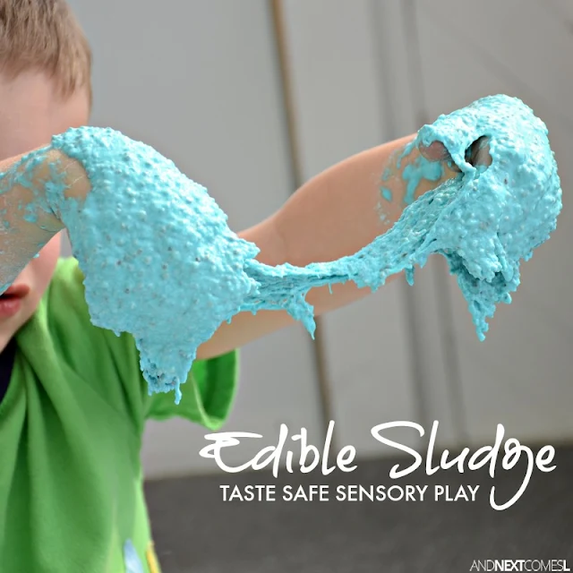 Edible sludge sensory play for kids of all ages - a messy slime-like dough from And Next Comes L