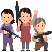 エアガンで猿と戦う主婦のイラスト