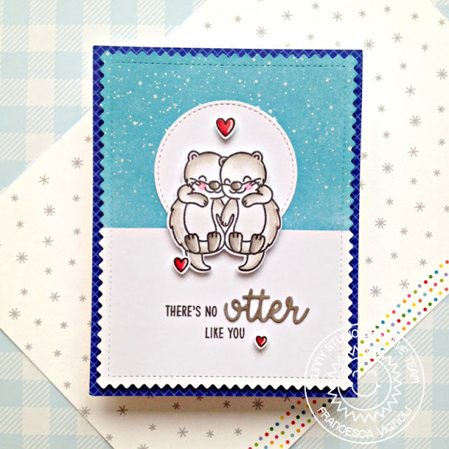 Sunny Studio: There's No Otter Like You Card by Franci (using My Otter Half Stamps, Frilly Frames Chevron Dies, Stitched Circle Dies & Gingham Jewel Tones Paper)