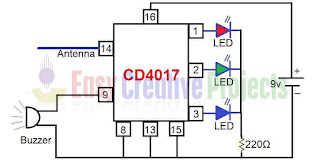 Circuit diagram of non contact voltage tester using cd4017