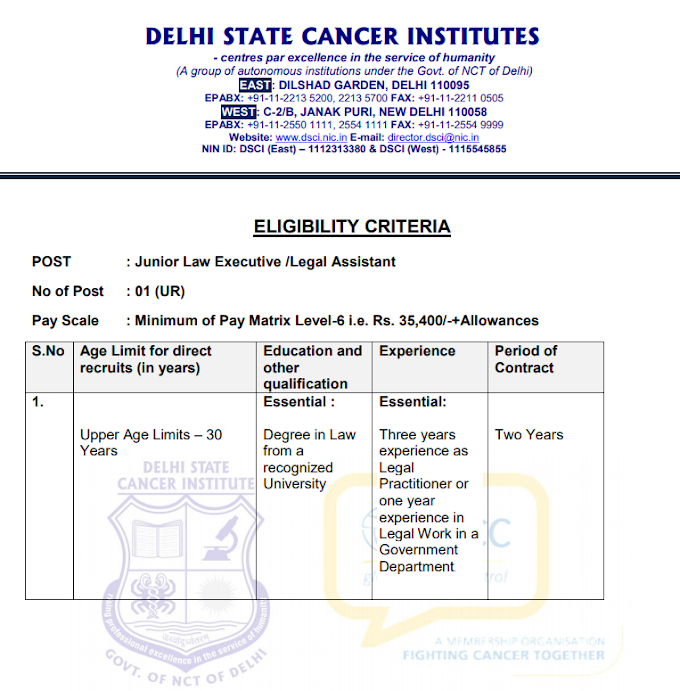 Junior Law Executive /Legal Assistant at Delhi State Cancer Institutes - last date 10/02/2020