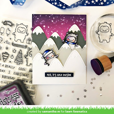 Yeti It's Cold Outside Card by Samantha Mann for Lawn Fawnatics Challenge, Lawn Fawn, Christmas, Christmas Card, Distress Oxide Inks, Ink Blending, Cards, #lawnfawn #distressoxide #inkblending #distressink #christmascard #christmas #yeti #cardmaking