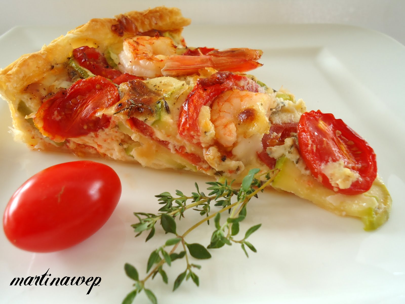 Martinas Kochküche: Tomaten Zucchini Quiche mit Garnelen und Ziegenkäse