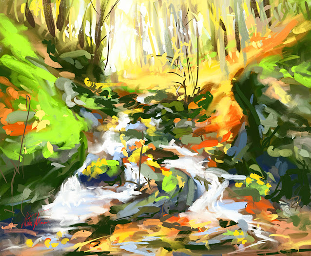 The wooded creek digital landscape painting by Mikko Tyllinen