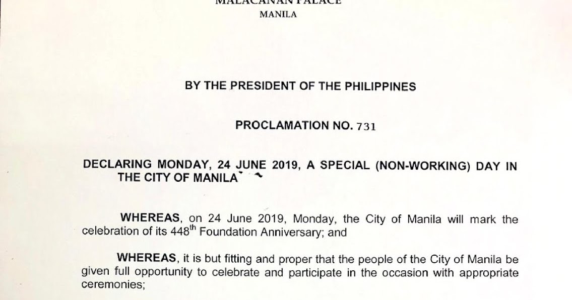 Philippine Holidays Special (NonWorking) Day in the City of Manila on