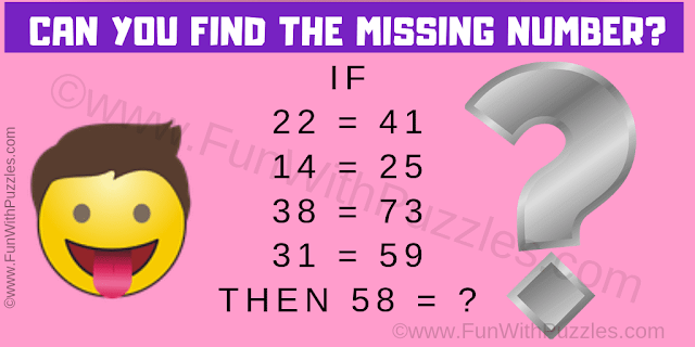 Can you find the missing number? If 22=41, 14 = 25, 38 = 73, 31 = 59 then 58 = ?