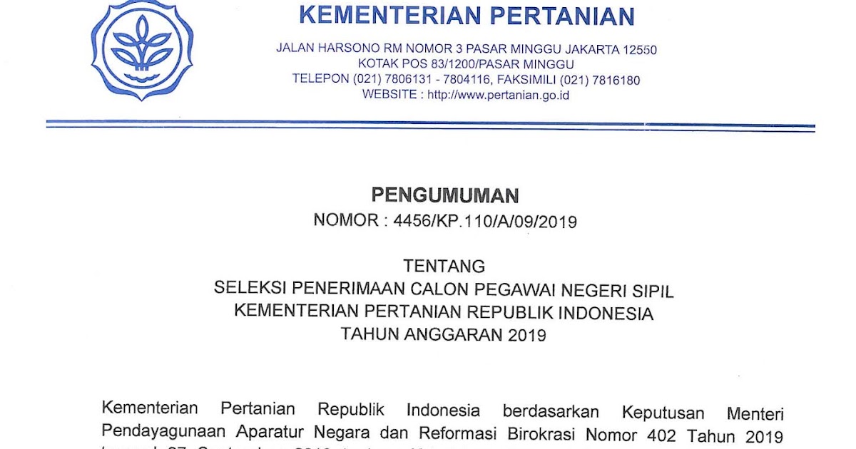 Pengumuman Cpns Kementerian Pertanian Tahun 2019 520 Formasi
