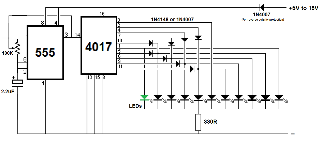 LED Chaser/Sequencer using IC 4017 & IC 555 Simple Projects