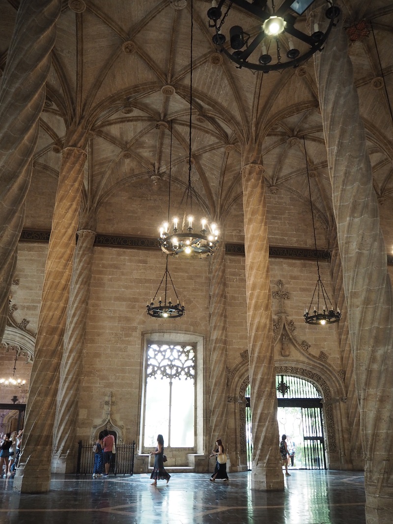 The spiral columns and vaulted ceiling of the trading hall at Lonja de La Seda
