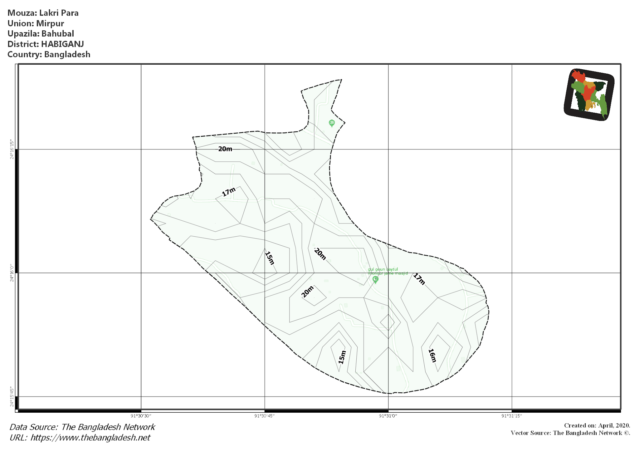 Map of Lakri Para Mouza of Bahubal Upazila, HABIGANJ, Bangladesh.