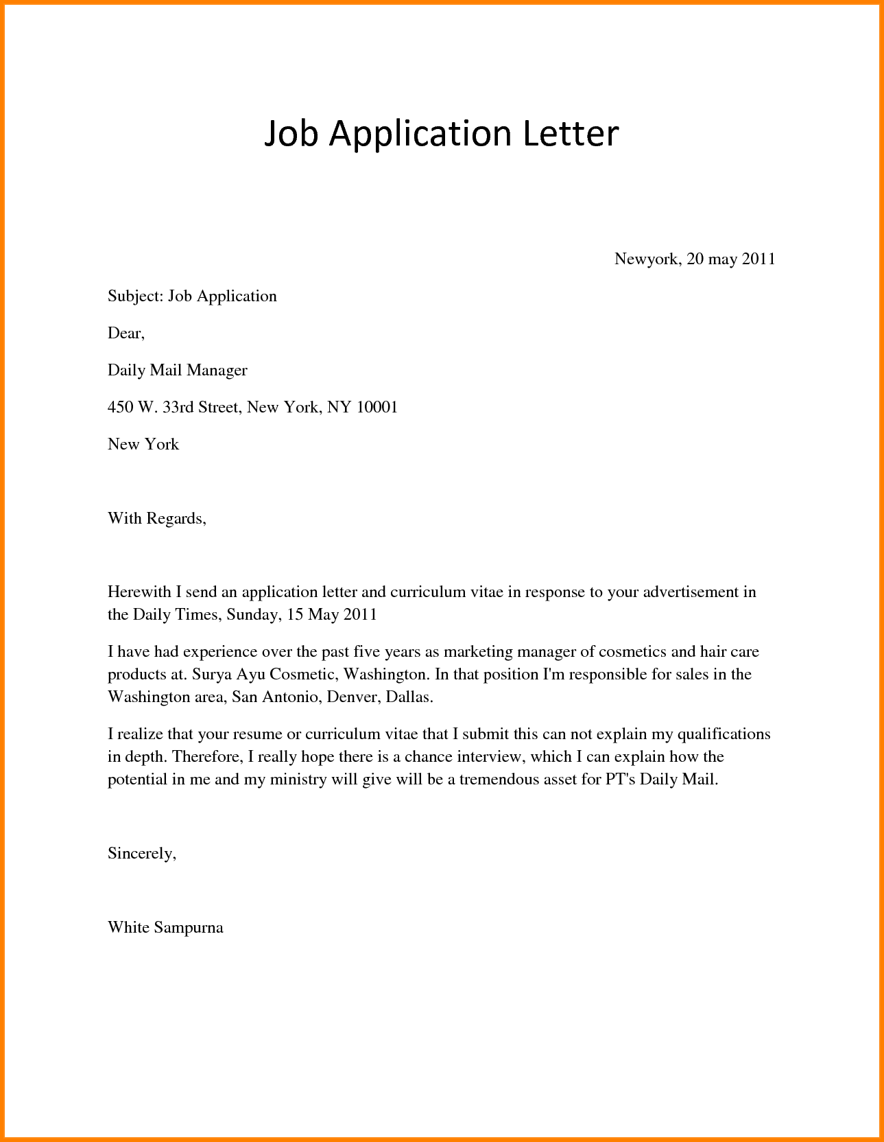 Application Letter For A Job  Writing Letter