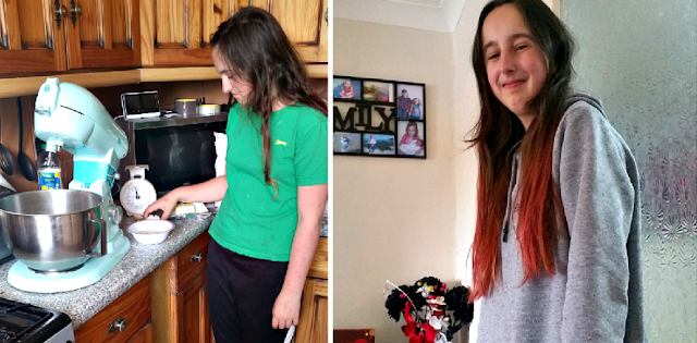 My youngest doing some baking and my teen showing off her new hair. Pink at the ends