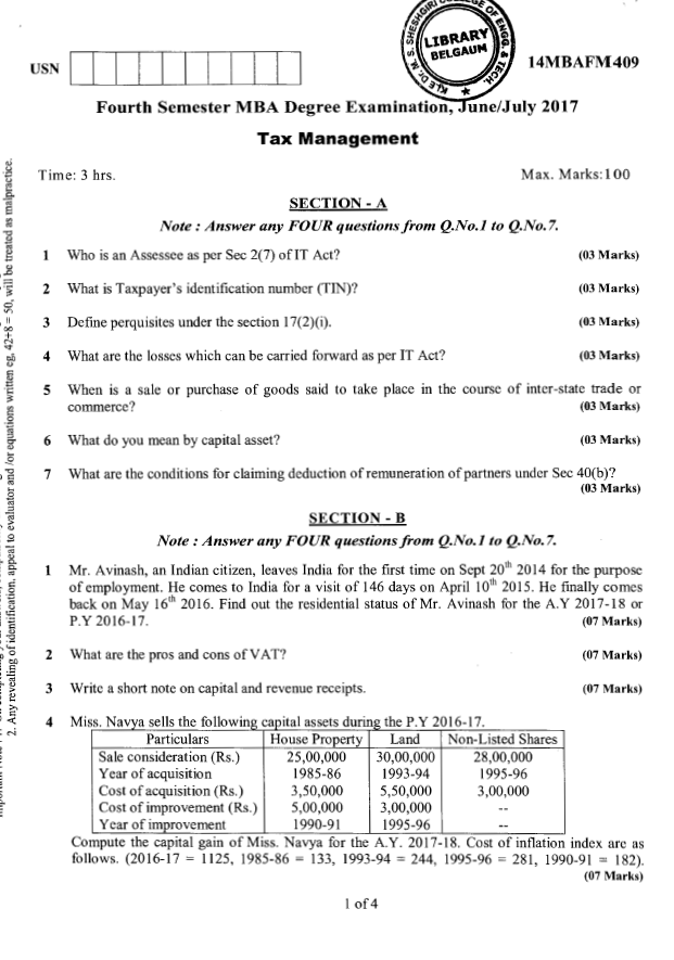 Visvesvaraya Technological University MBA (CBCS) Fourth Semester