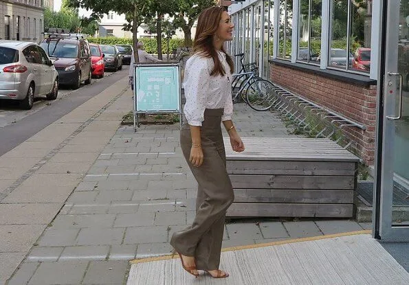 Hallie ecovero classic, casual, and fluid shirt, silk blouse white ivory collarless 3/4 sleeve, brown trousers