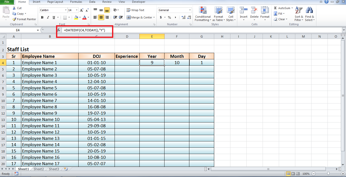 Calculate Experience in Excel Using Formula DATEDIF www.exceldesk.in