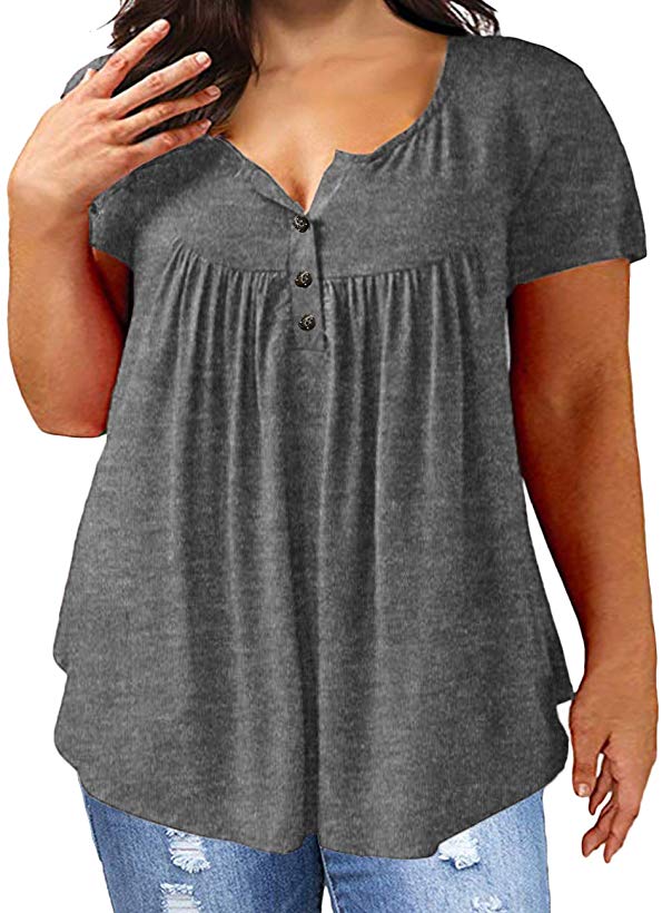 VISLILY Women's Plus Size Henley Shirt Short Sleeve Buttons Up Pleated Tunic Tops Single Mom