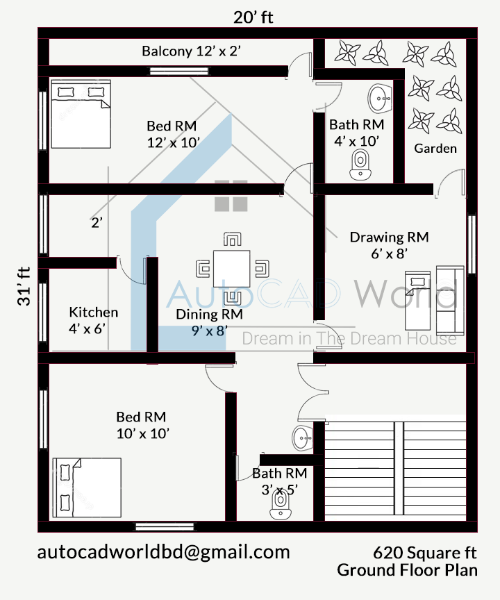 2 Room House Map Autocad World: Two Bedroom House Plan