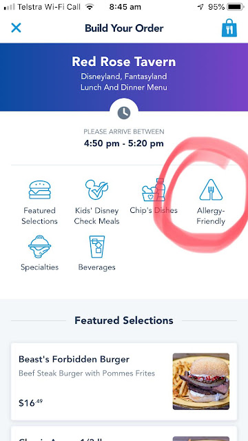 How to Order Gluten Free Meals on Disneyland Mobile Order - Red Rose Taverne Allergy Menus