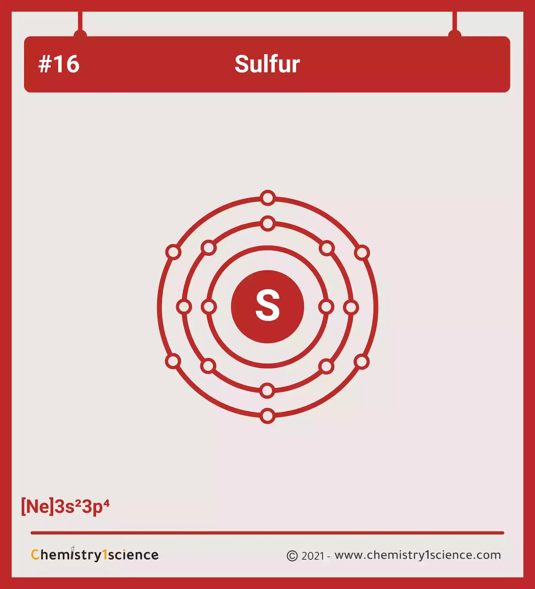 Sulfur: Electron configuration - Symbol - Atomic Number - Atomic Mass - Oxidation States - Standard State - Group Block - Year Discovered – infographic