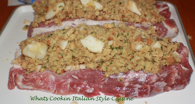 this is a photo of stuffed pork tenderloin with apples and chicken flavored stuffing mix