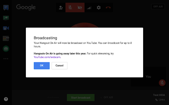Hangouts on Air Broadcasting banner with Hangouts on Air going away notice