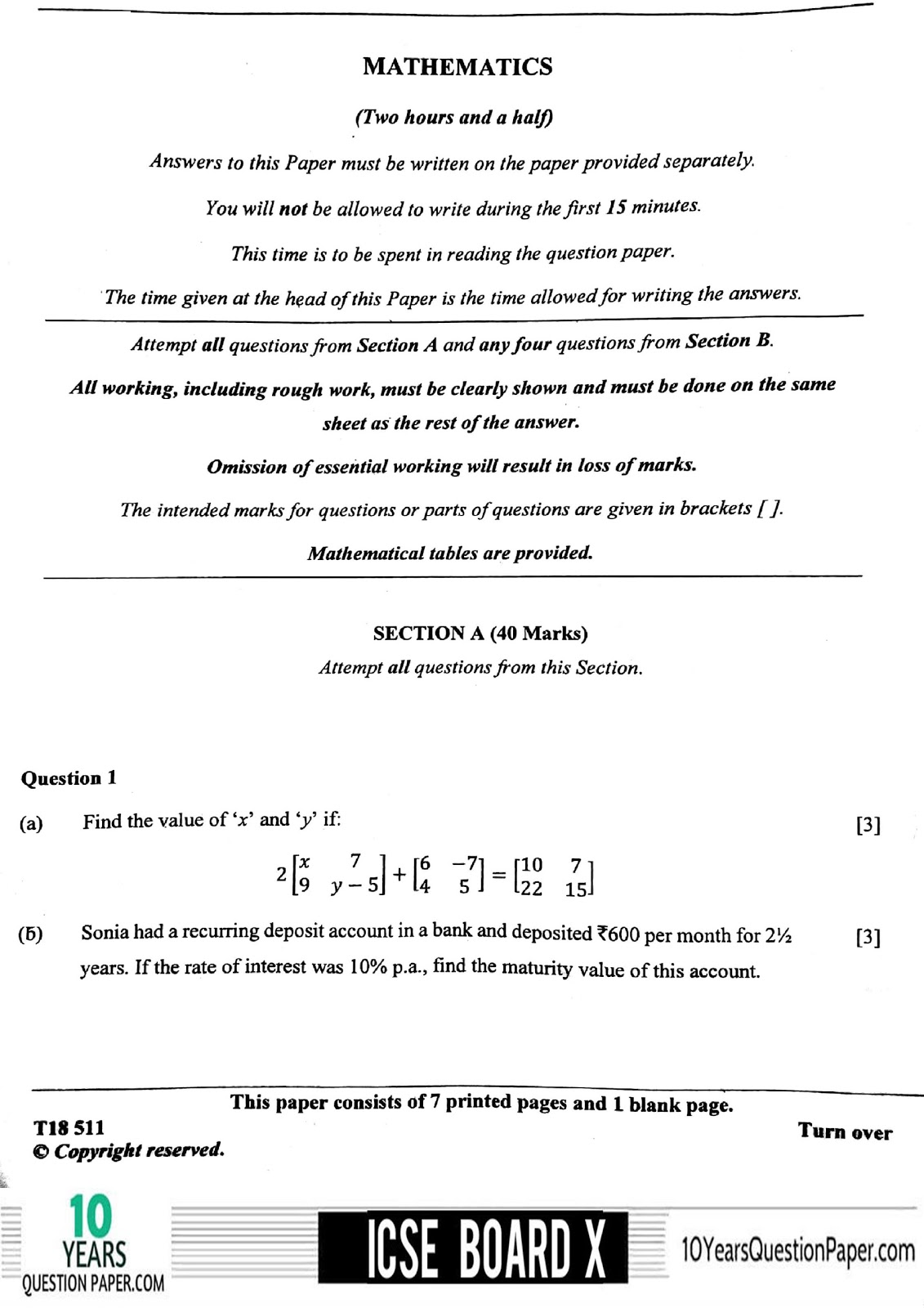 ICSE class 10 Mathematics board question paper Download ICSE Board 2018 Mathematics Question paper page-01