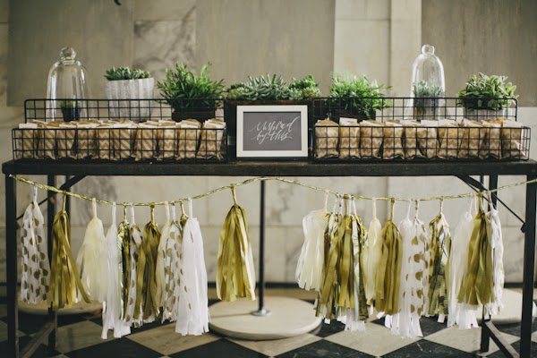 dessert table white, gold and cream and tassel garland