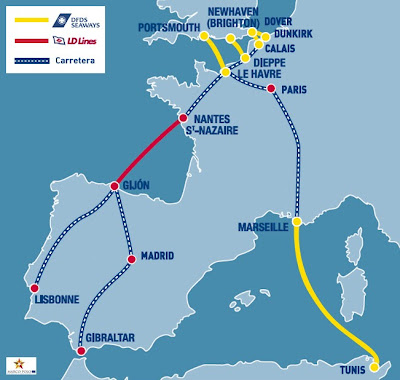 Mapa de rutas para realizar los viajes en Ferry