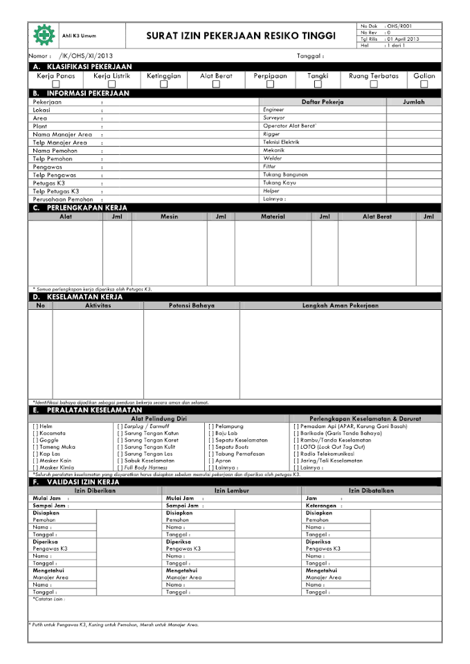 Formulir Izin Kerja K3 Manajemen K3 Umum
