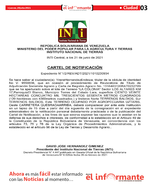 CARTEL DE NOTIFICACIÓN  Expediente N°1/2/REV/ADT/2021/1010230934