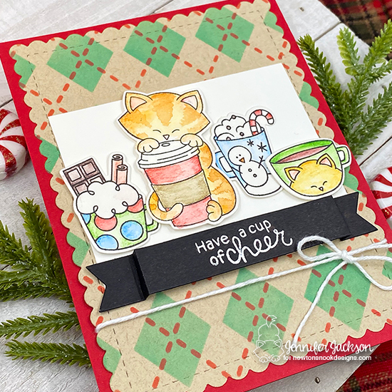 Cup of Cheer card by Jennifer Jackson | Newton Loves Coffee and Cup of Cocoa Stamp Sets and Argyle Stencil Set by Newton's Nook Designs #newtonsnook