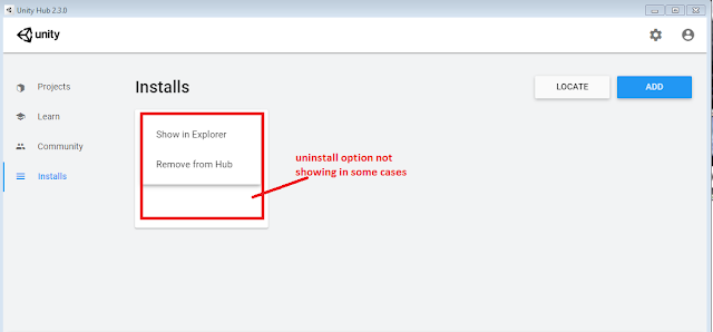 uninstall option not showing to any unity version