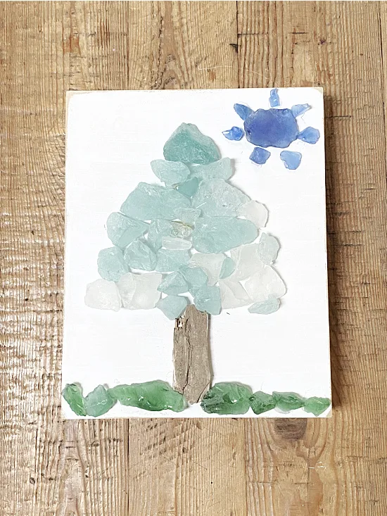 sea glass tree picture on a table