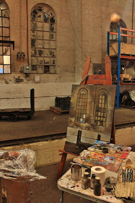 Painting the interior of the Large Erecting Shop, Eveleigh Railway Workshops by industrial heritage artist Jane Bennett