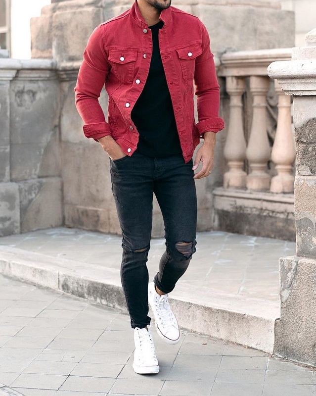 Men's Fashion Style Outfits Ideas Denim jacket with Round neck T shirt and jeans.