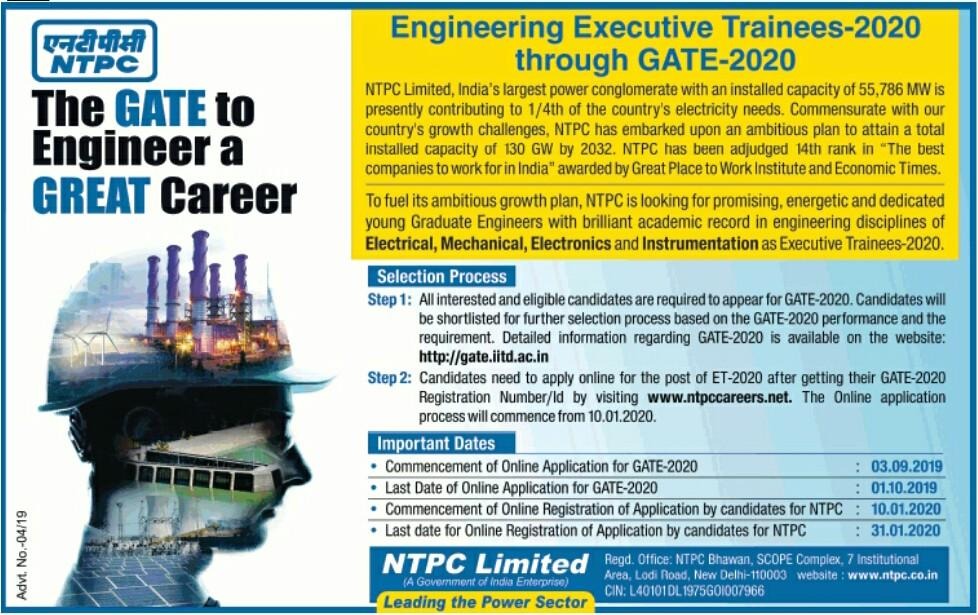 NTPC Limited Recruitment Electrical, Mechanical, Electronics