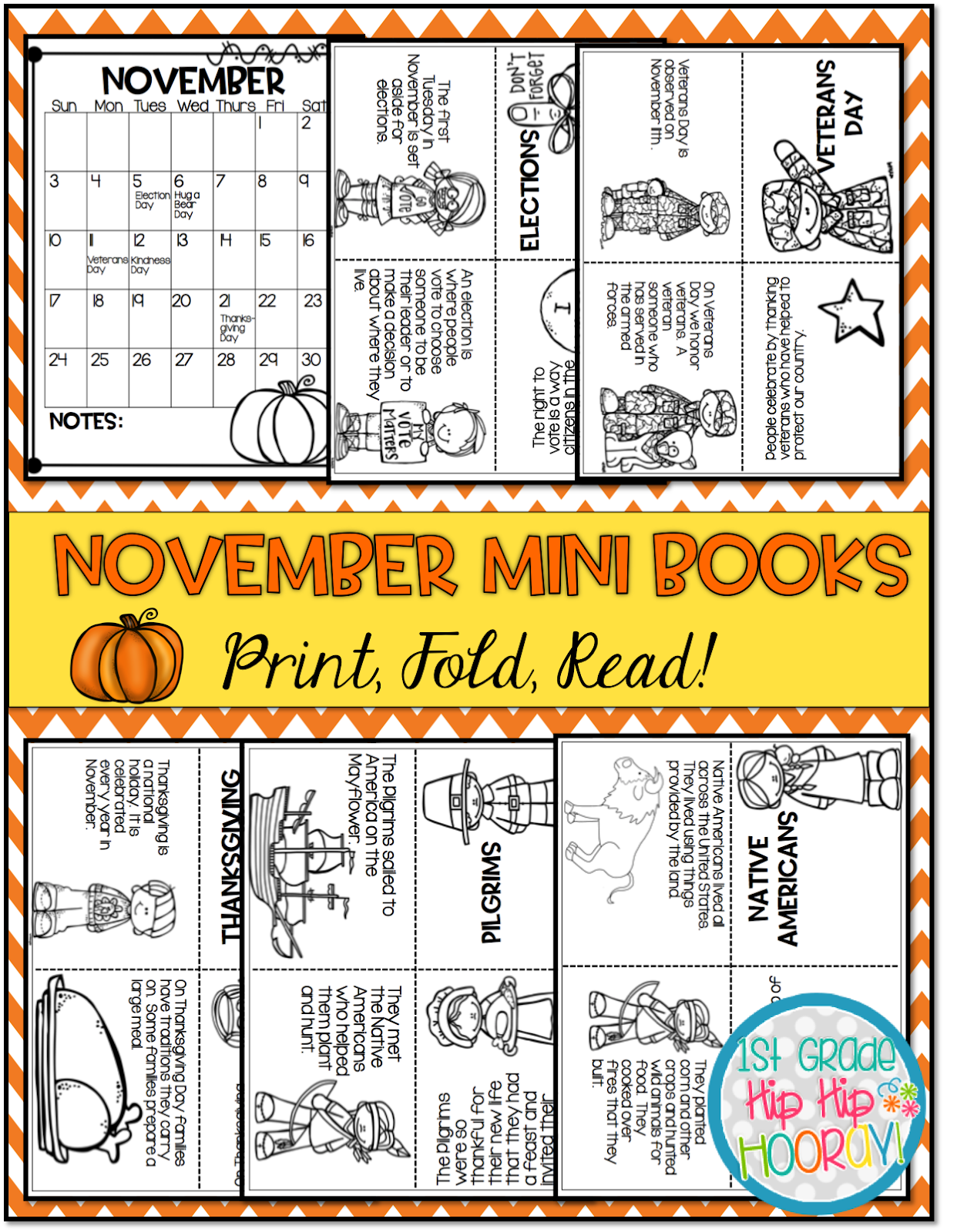 1st Grade Hip Hip Hooray!: November Mini Books...Print, Fold, Read