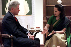 Sonia Gandhi at a meeting with the former US president Bill Clinton