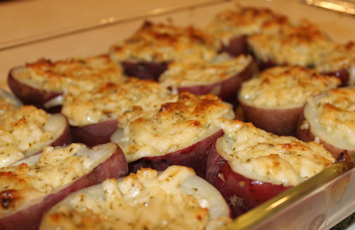 The baked Asiago Pesto Potatoes will be golden, cheesy and fragrant. Twice Baked Asiago Pesto Potatoes