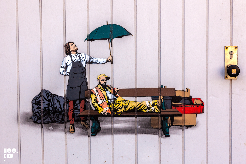 Man on bench by Stencil artist Jaune in Ostend, Belgium