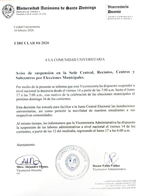Suspenderán clases a partir del viernes en la UASD UASD