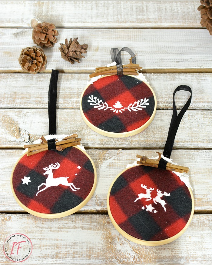 Rustic Snow Capped Buffalo Check Ornaments with a recycled dollar store plaid fleece scarf and small embroidery hoops, budget DIY Christmas decor Idea