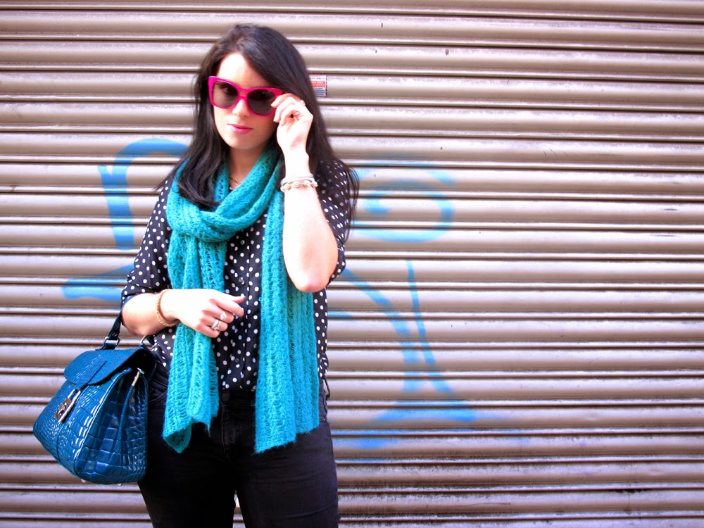London fashion blogger Emma Louise Layla Duff in J Crew polka dot shirt and pink Finest Seven sunglasses