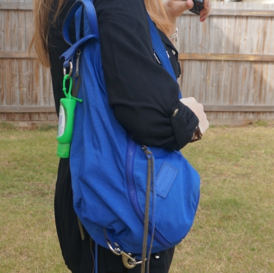 black jacket with Rebecca Minkoff Julian nylon backpack in bright blue | awayfromtheblue