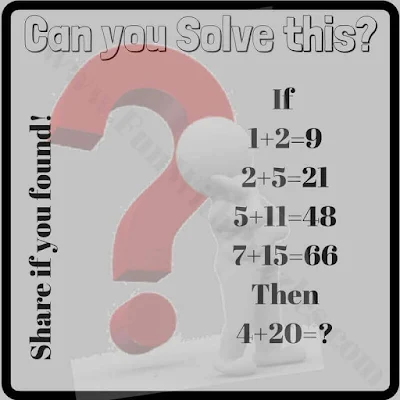 If 1+2=9, 2+5=21, 5+11=48, 7+15=66 Then 4+20=?. Can you solve this Logic Maths Brain Cracking Puzzle Question?