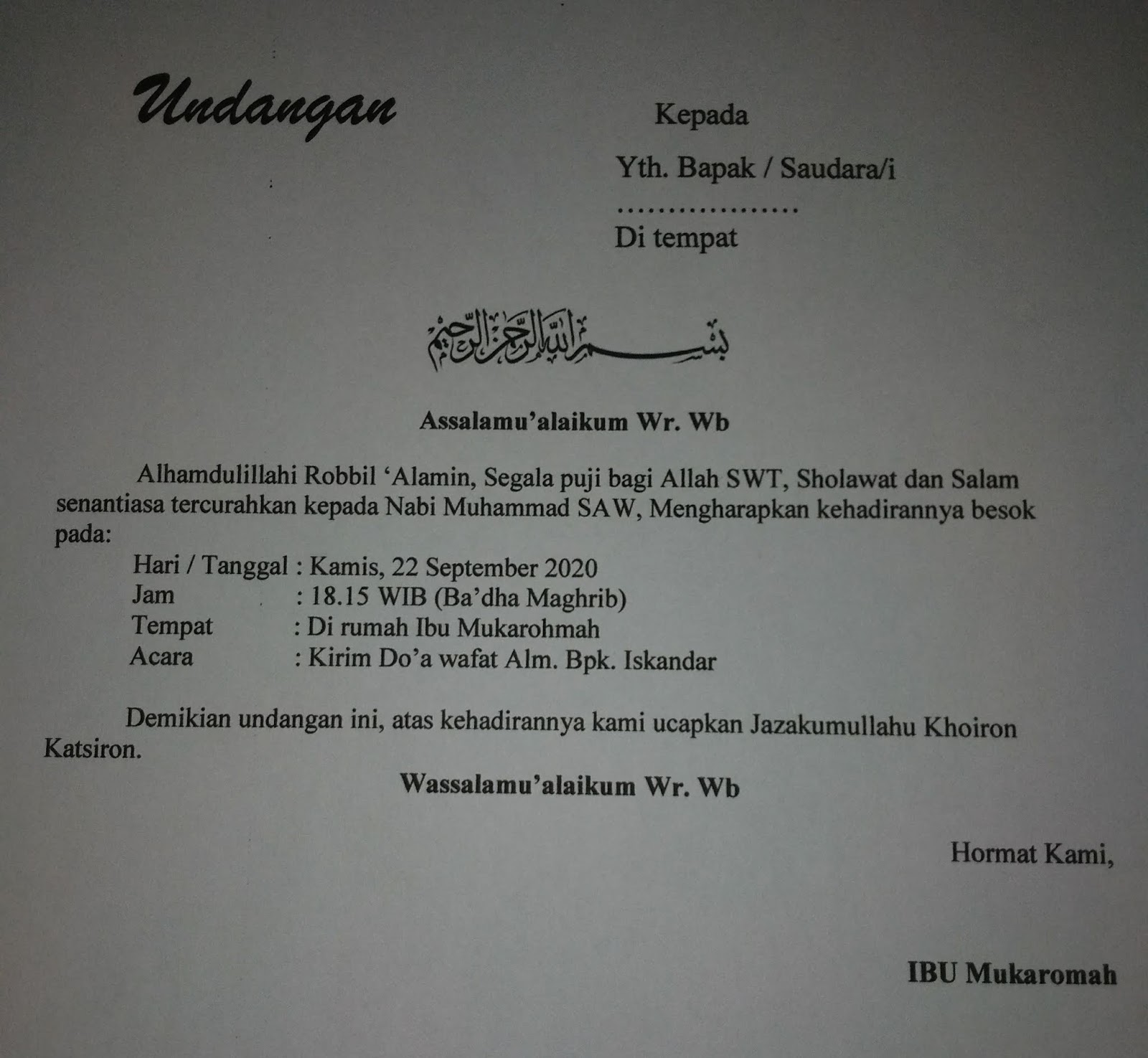 Contoh Surat Undangan Yasinan Kirim Doa