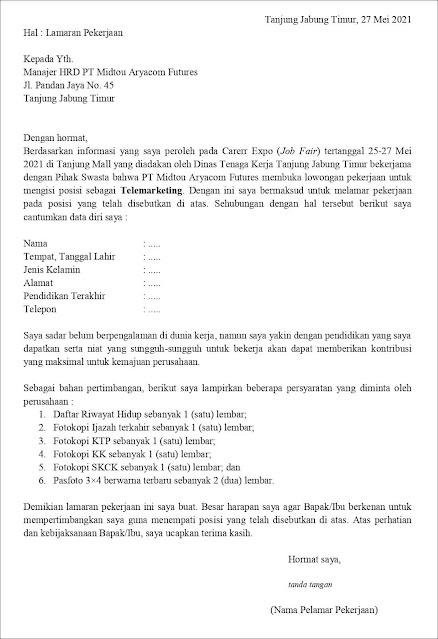 Contoh Surat Lamaran Kerja Untuk Telemarketing (Fresh Graduate) Berdasarkan Informasi Dari Job Fair Contoh application letter Untuk Telemarketing (Fresh Graduate) berdasarkan informasi Job Fair