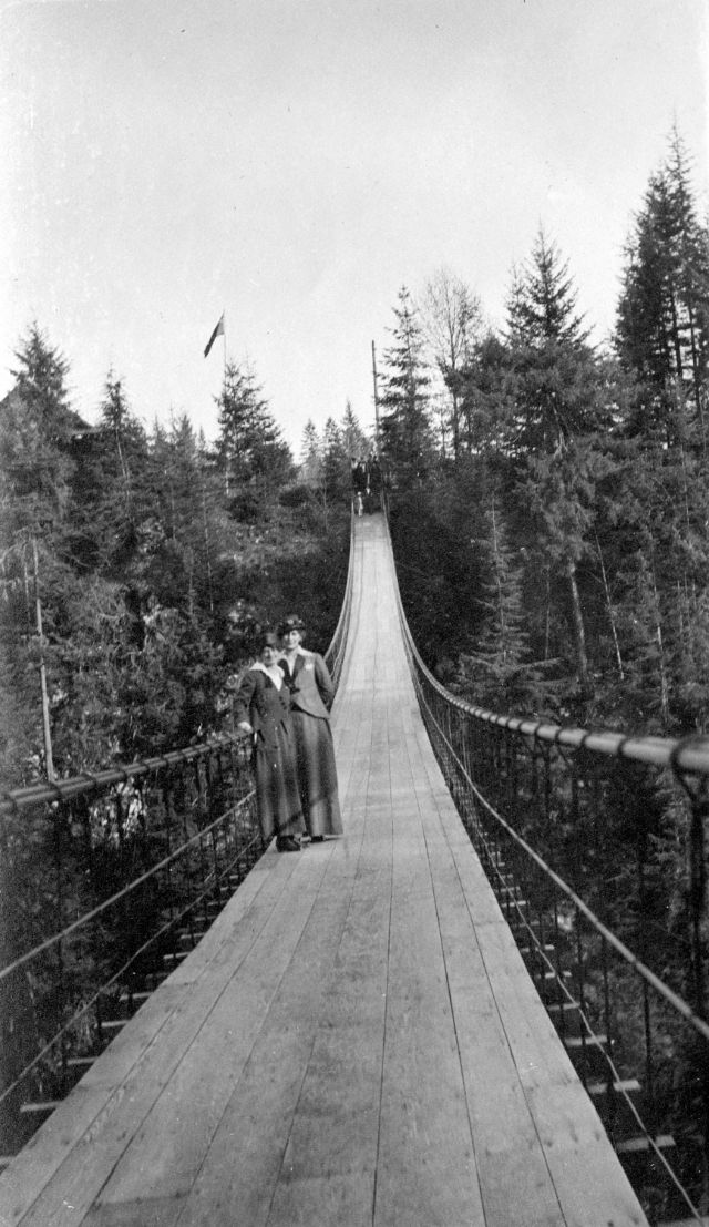 These vintage photographs capture people crossing the famous Capilano Suspension Bridge in Vancouver  1890 1910 - 73