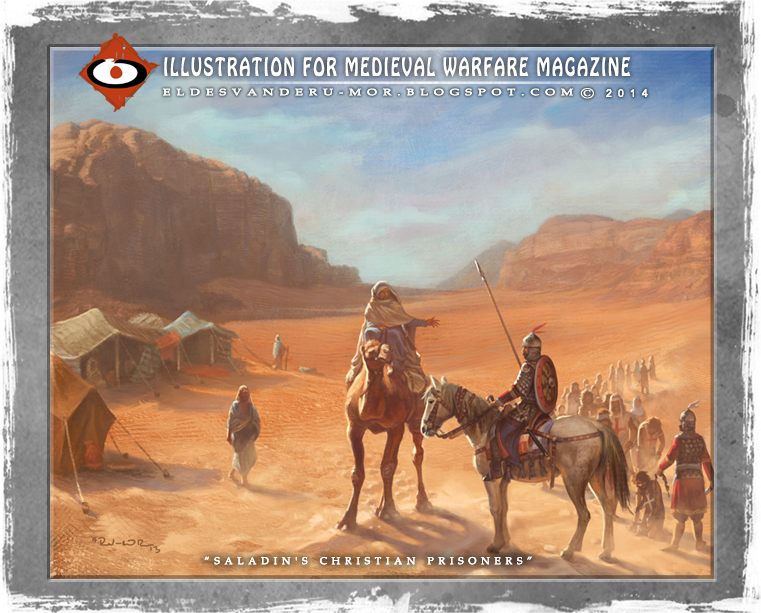 Historical Illustration by ªRU-MOR for Medieval Warfare Magazine. A column of Christian prisoners has stopped in the Syrian desert. A Bedouin chief is discussing the price of some slaves with the Saracen officer, possibly a Ghulam. Between the prisoner there are Templars and Hospitallers.